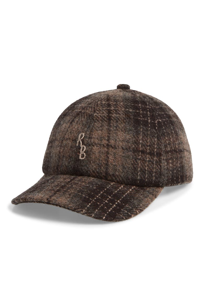 Hand Embroidered Check Wool Adjustable Baseball Cap, Main, color, BROWN