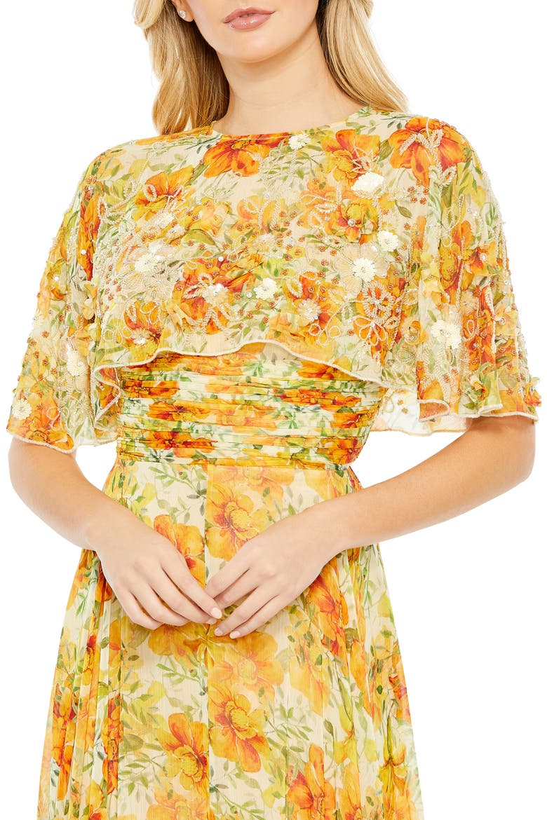 Floral Print High Neck Cape Sleeve A Line Gown, Alternate, color, YELLOW MULTI