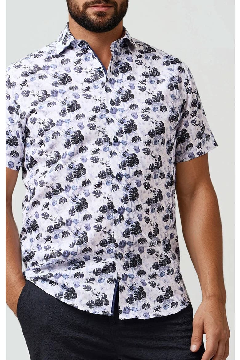 Linen Floral Palm Print SS Button-Up Shirt, Alternate, color, Navy