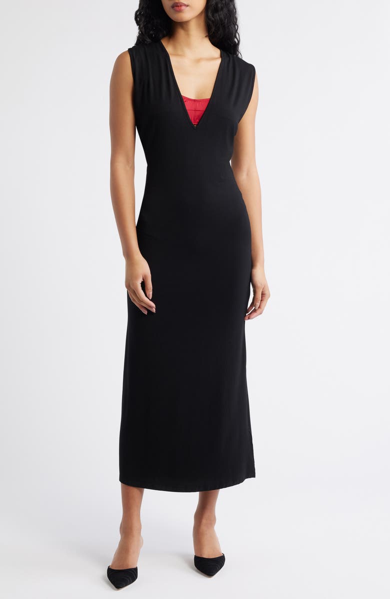ARTLESS FOREVER Tate Plunge Neck Midi Dress, Main, color, Black