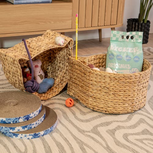 The Licker Store Felix Cat-shaped Hand Woven Water Hyacinth Nesting Pet Toy Organizer Baskets In Brown