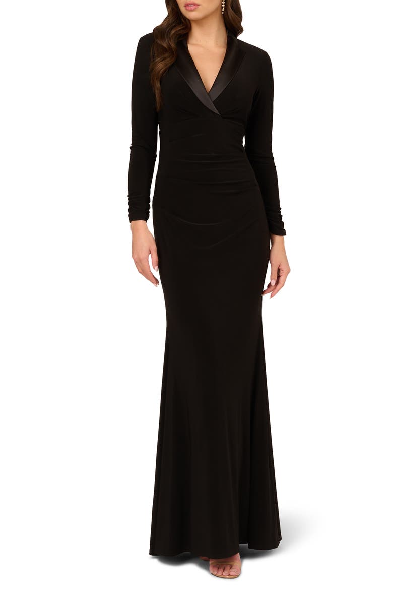 Long Sleeve Tuxedo Mermaid Gown, Main, color, BLACK