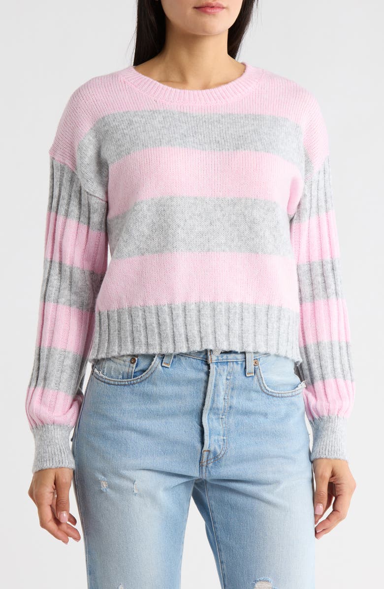 Madden Girl Stripe Crewneck Pullover Sweater, Main, color, Grey Heather Combo
