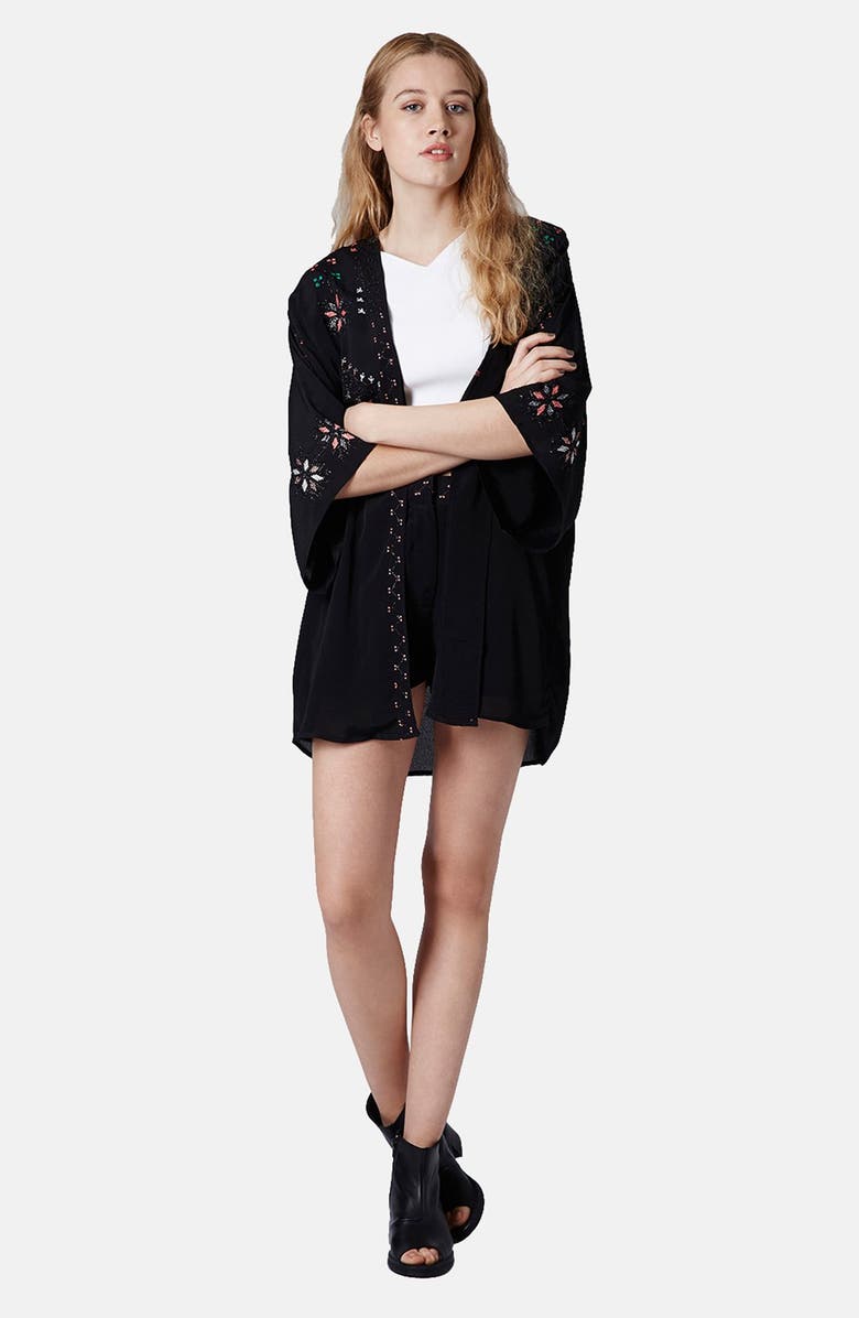 Topshop Embroidered Kimono Jacket, Alternate, color, 