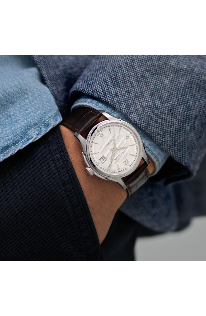 Hamilton Jazzmaster Skeleton Leather Strap Watch, 40mm, Alternate, color, Silver