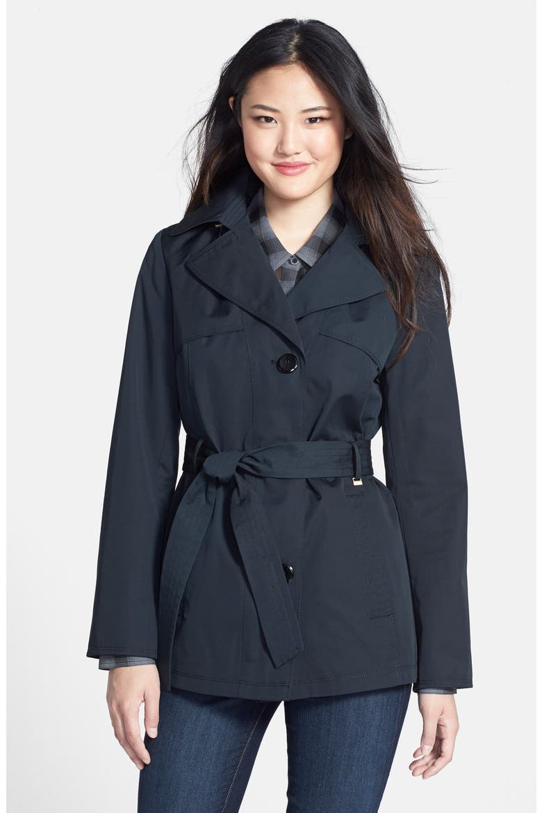 Belted Mini Trench Coat with Detachable Hood, Main, color, BLACK