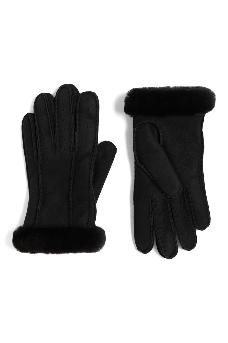Perforated Genuine Shearling Suede Gloves, Main, color, BLACK