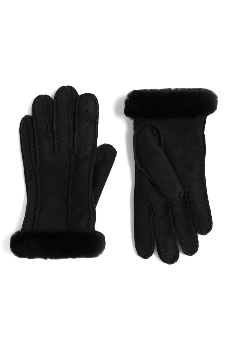 UGG<sup>®</sup> Perforated Genuine Shearling Suede Gloves, Main, color, Black