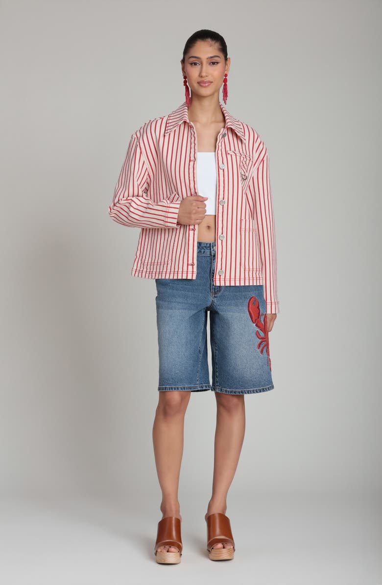 Avec Les Filles Short Stripe Chore Jacket, Alternate, color, Cream-Red Stripe