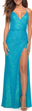 La Femme Vibrant Wrap Style Sequin Dress with Slit