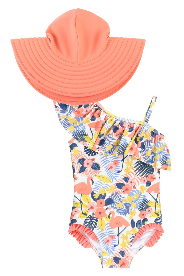 Tropical Flamingo One-Piece Swimsuit & Hat Set, Main, color, ORANGE