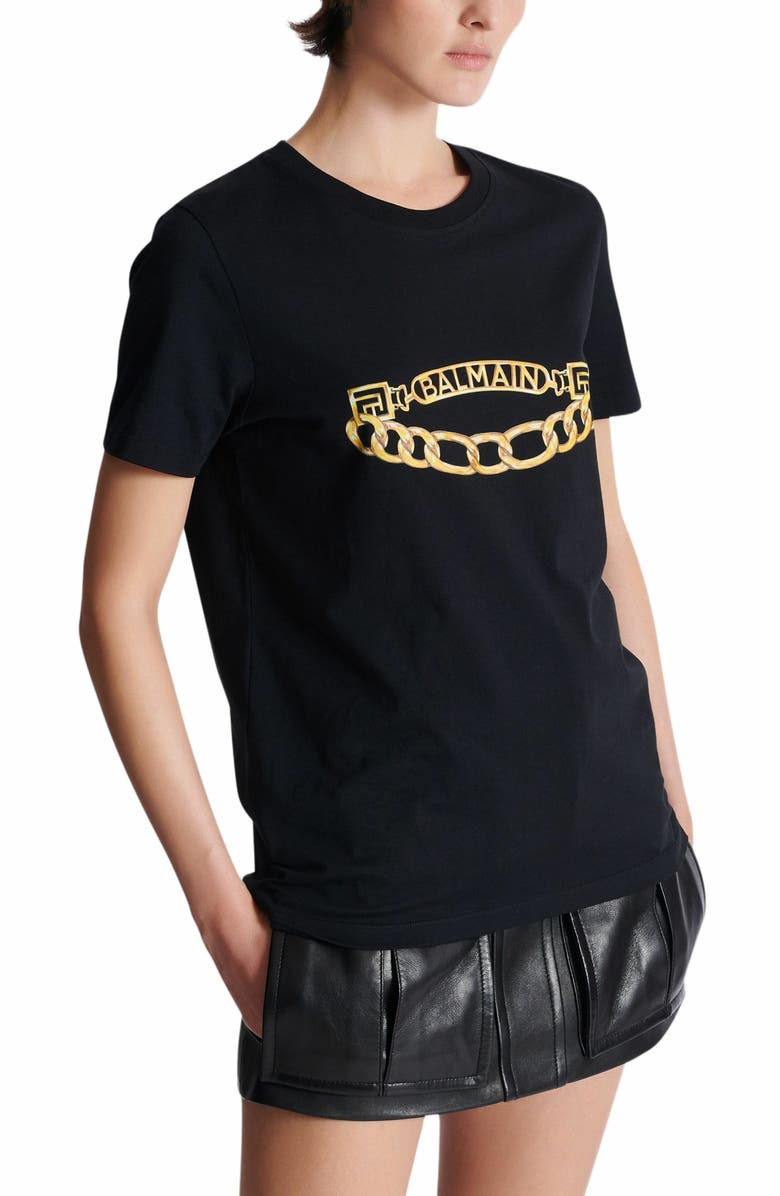 Balmain Short-Sleeved Balmain Chain Print T-Shirt, Alternate, color, Black