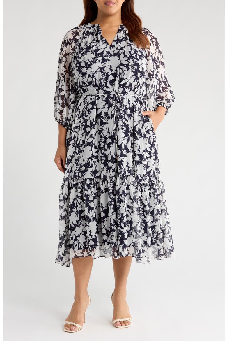 Puff Sleeve Tie Belt Midi Dress, Main, color, NAVY IVORY