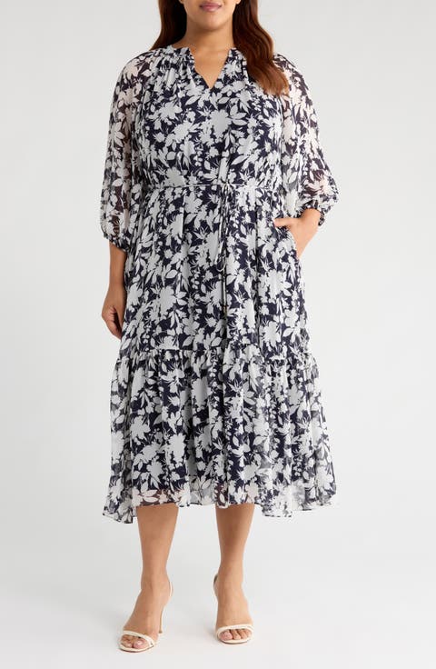 Puff Sleeve Tie Belt Midi Dress (Plus)