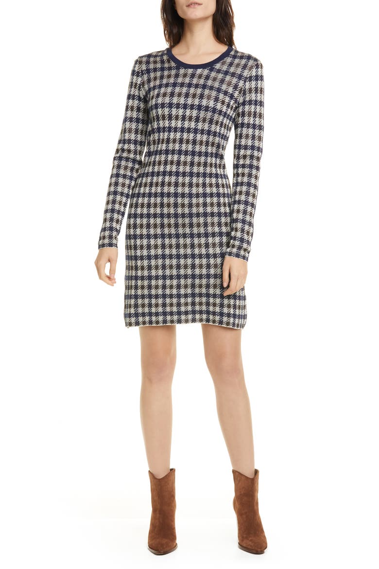 Cabana Metallic Houndstooth Check Long Sleeve Sweater Dress, Main, color, BROWN BLUE HOUNDSTOOTH