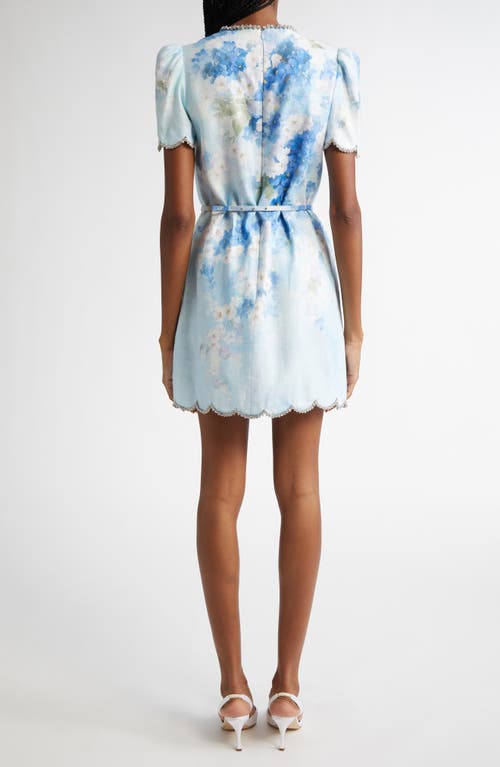 Shop Zimmermann Crystal Embellished Floral Scalloped Linen Minidress In Blue Floral