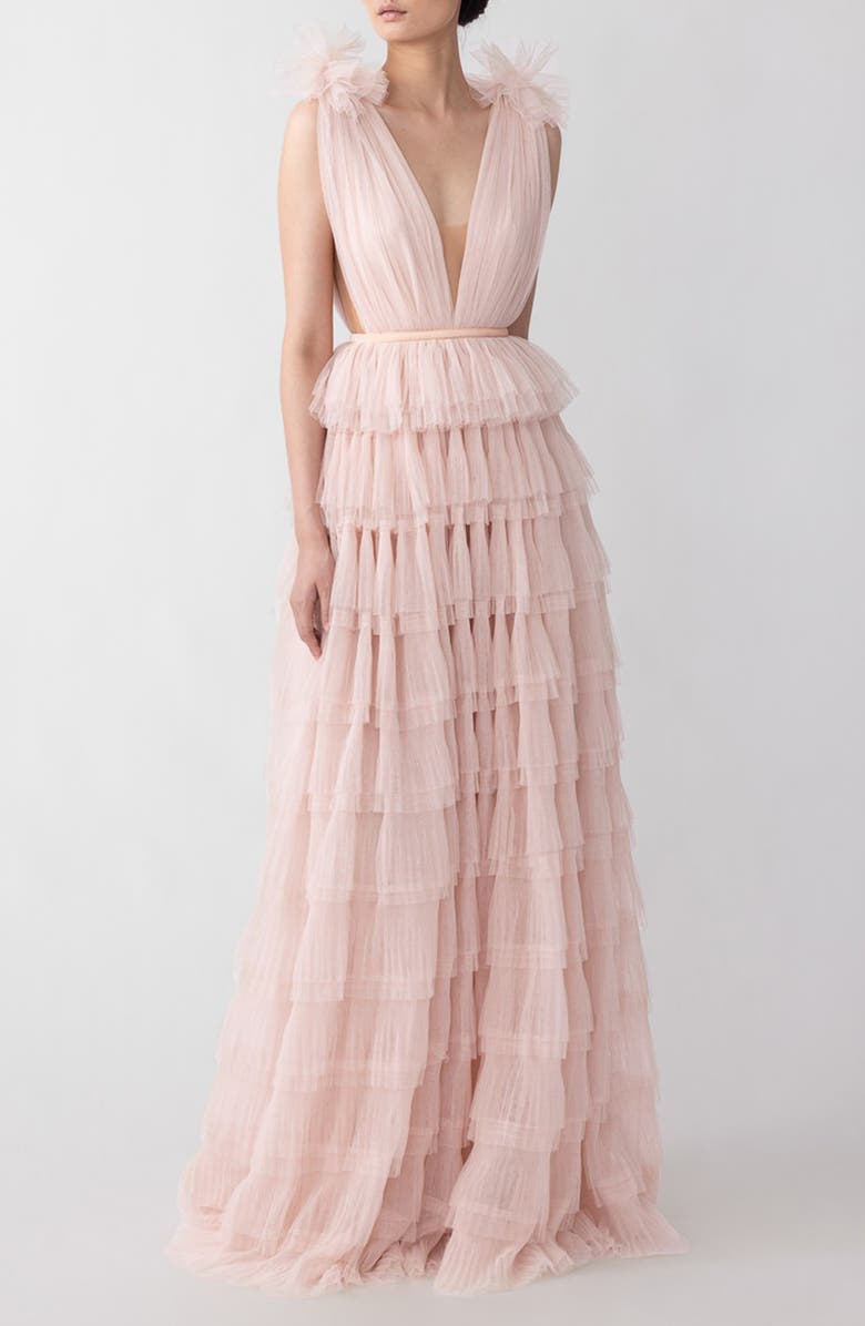 SAU LEE Sabrina Plunge Neck Tiered Tulle Gown, Main, color, Nude Pink