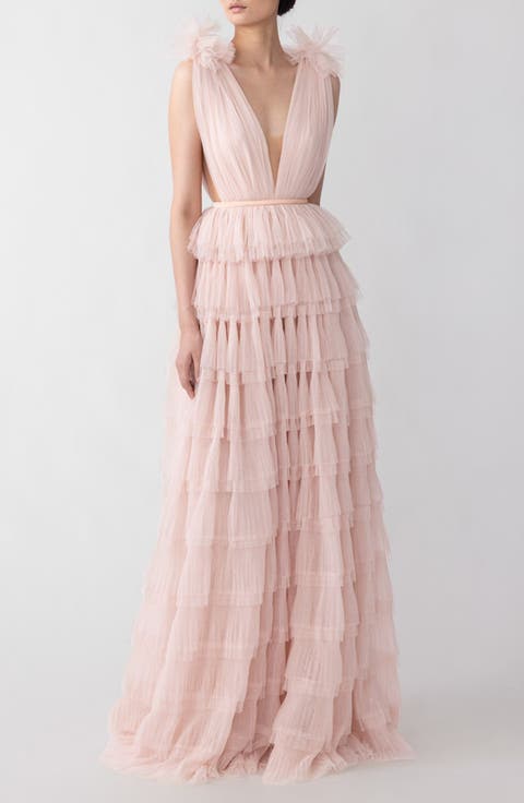 Sabrina Plunge Neck Tiered Tulle Gown