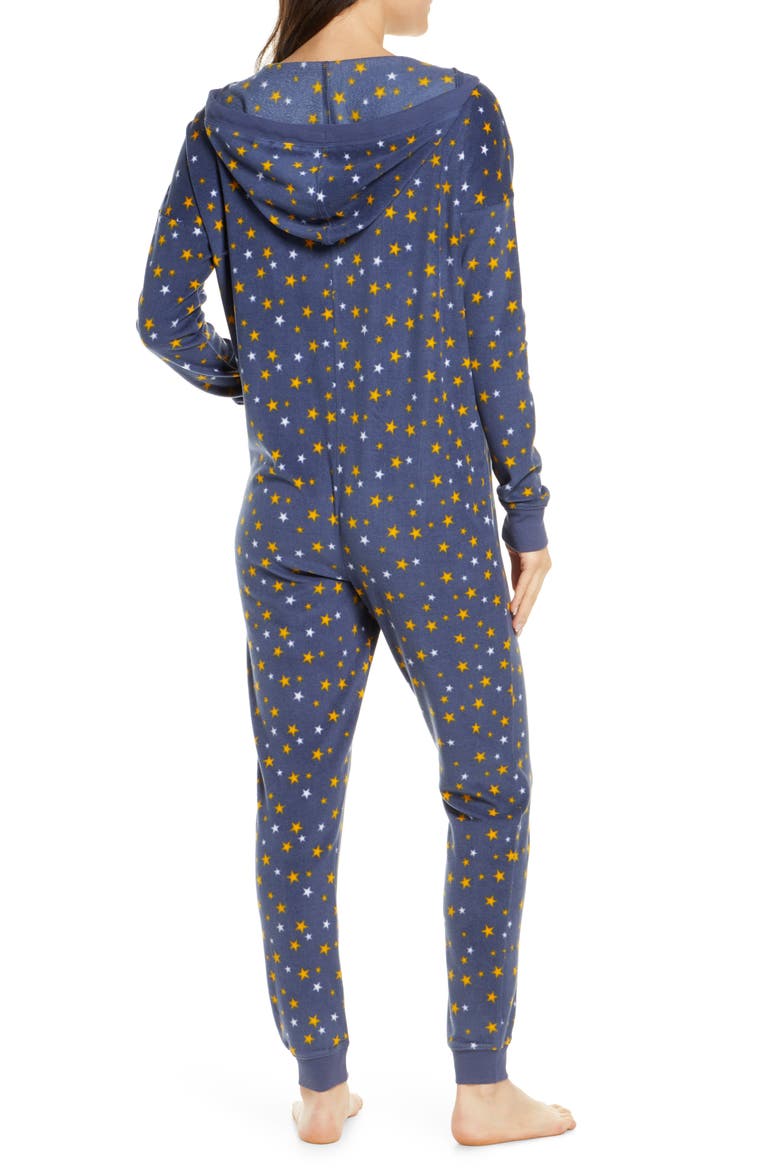 Microfleece Hooded Jumpsuit Pajamas, Alternate, color, BLUE VINTAGE STARS