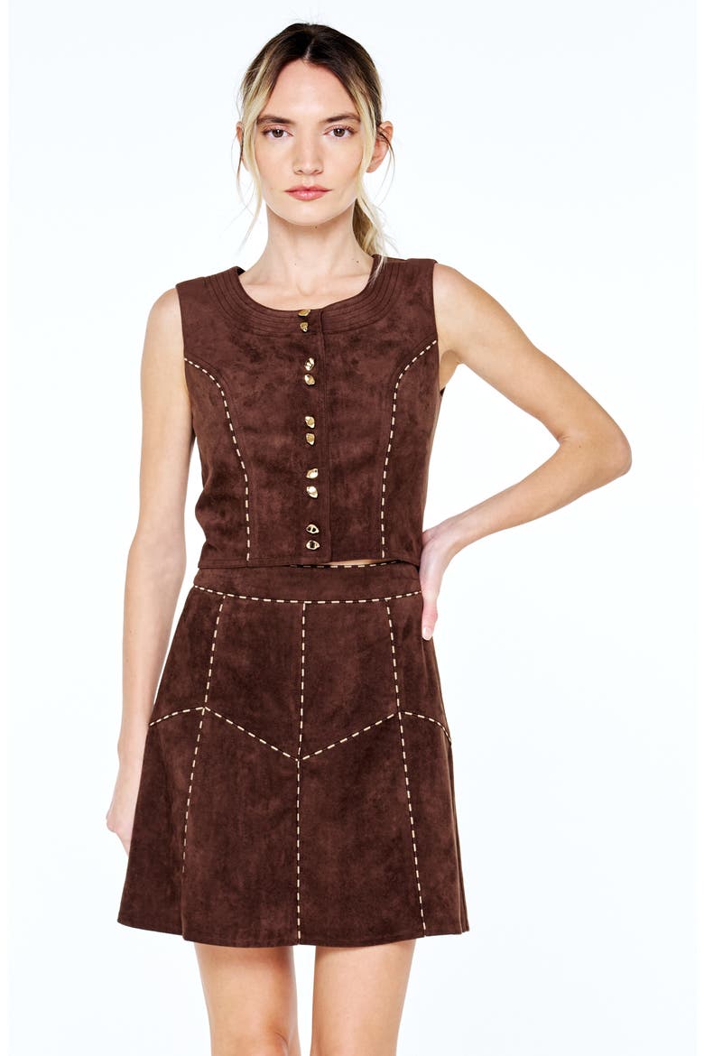 Eris Whipstitched Faux Suede Miniskirt, Alternate, color, FUDGE BROWN
