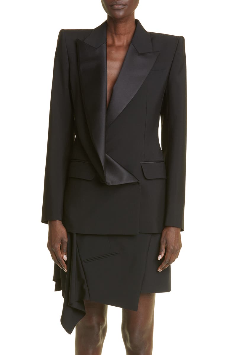 McQueen Asymmetric Drape Front Wool Tuxedo Jacket, Main, color, 