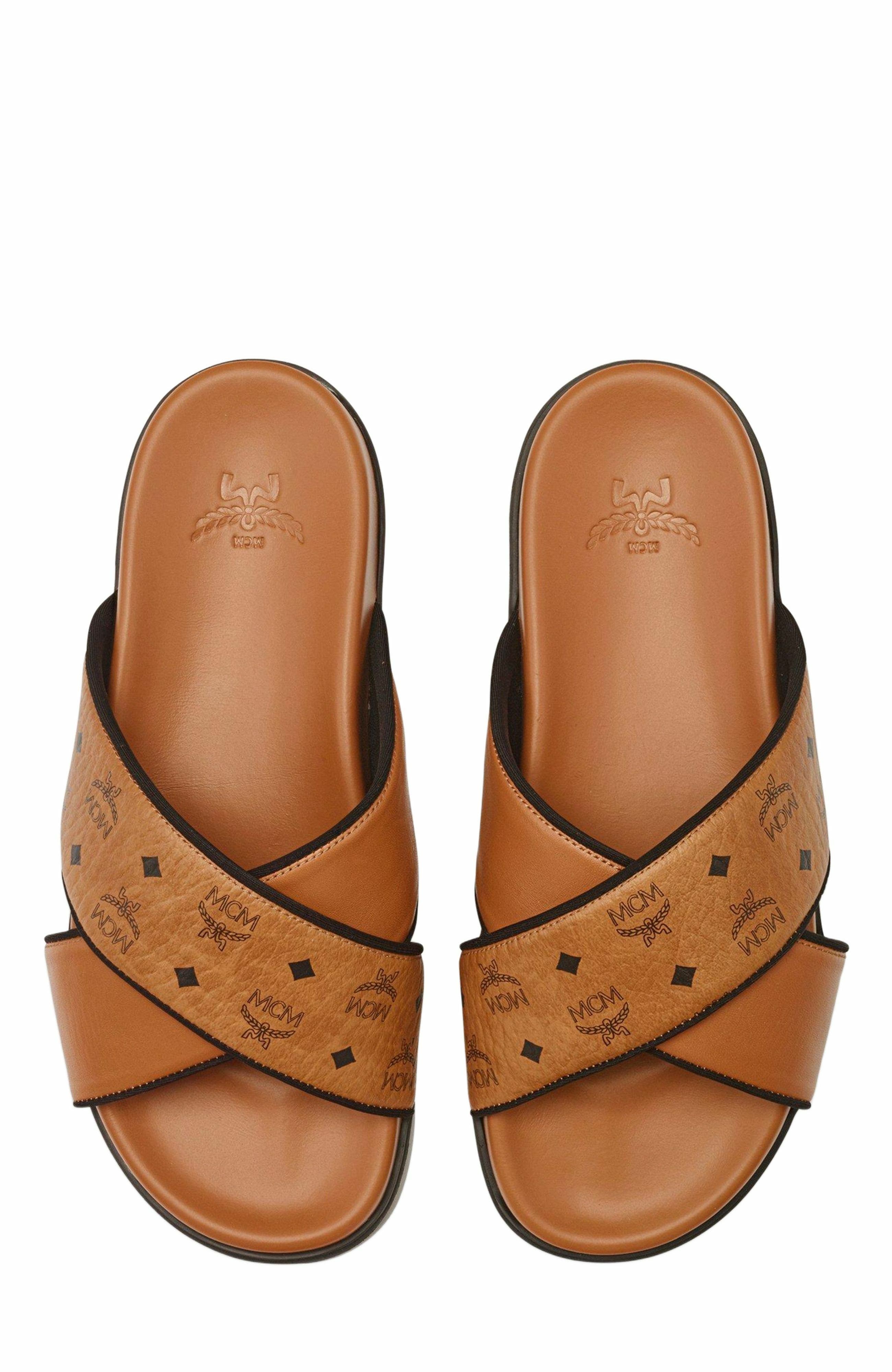 MCM Cross Sandal in VIsetos Leather Mix, Alternate, color, Cognac