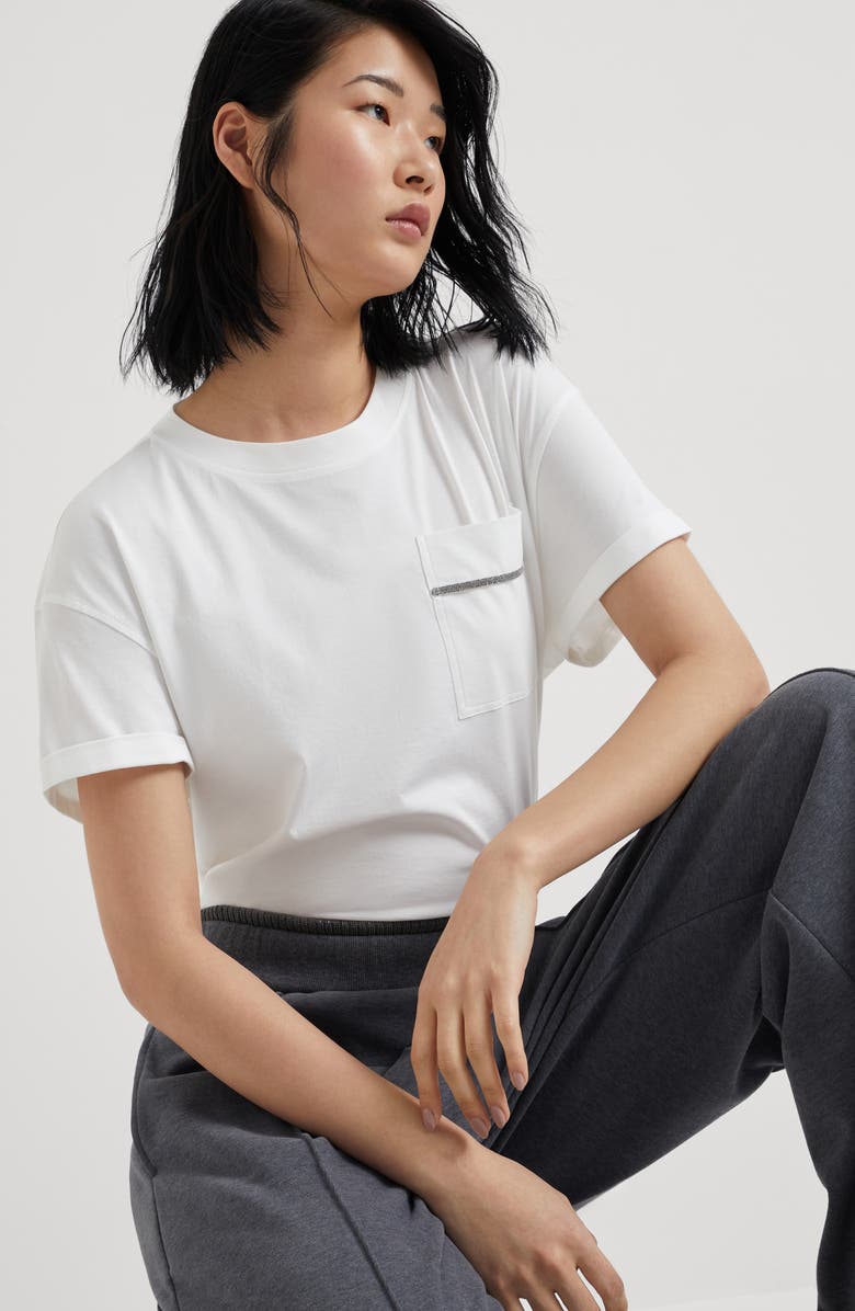 Brunello Cucinelli Cotton jersey T-shirt with shiny pocket detail, Alternate, color, 
