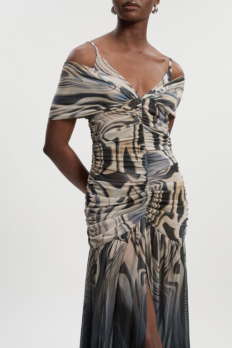 Petite Marble Print Mesh Maxi Dress, Alternate, color, Mono