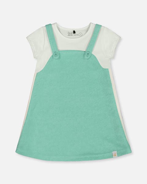 Little Girl's Terry Cloth Dress Turquoise And Off-White