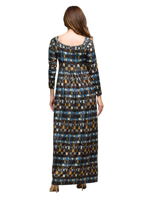 24seven Comfort Apparel Geometric Print Long Sleeve Empire Waist Maxi Dress In Blue