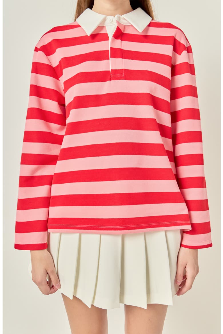 Striped Long Sleeve Polo, Main, color, RED/ PINK