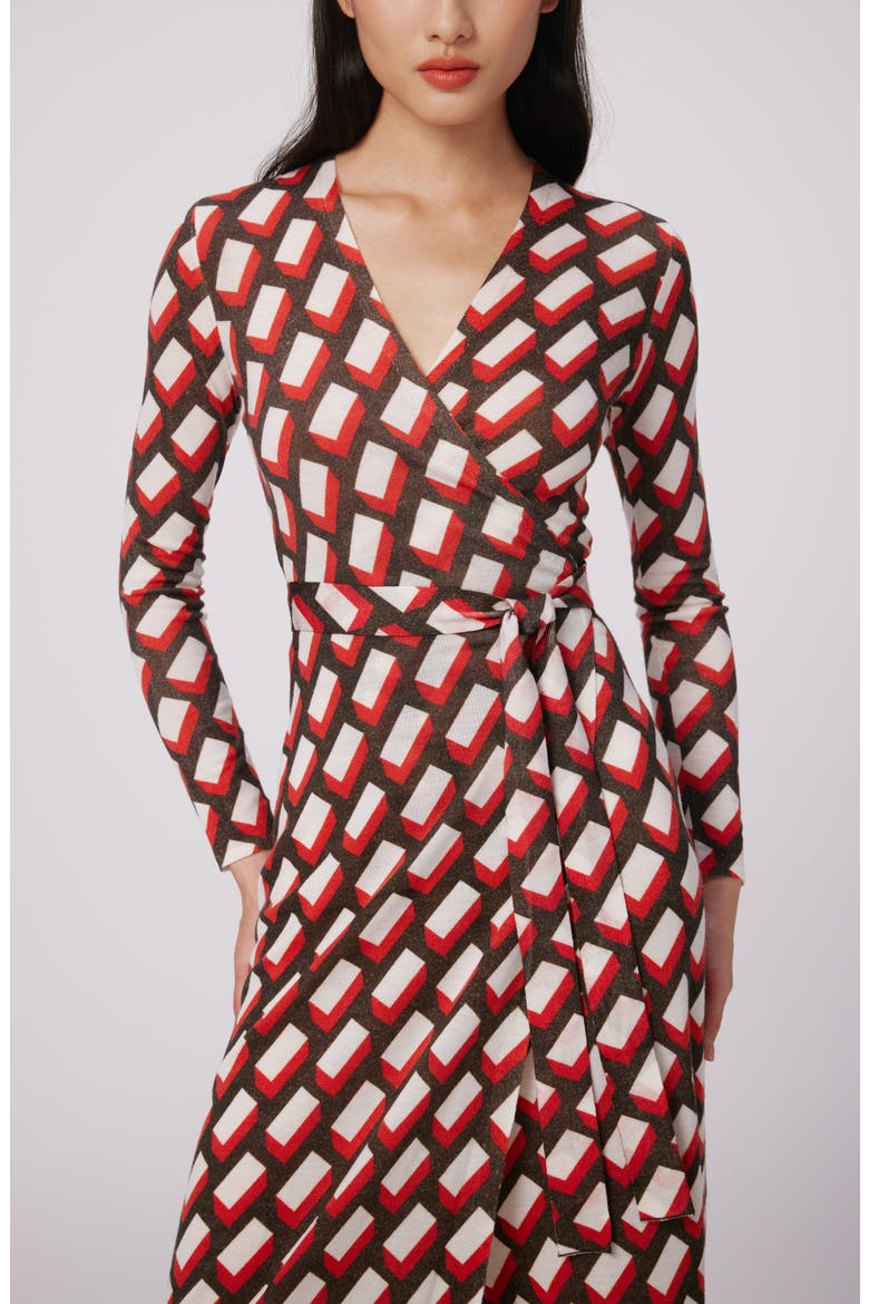Luella Geo Print Long Sleeve Merino Wool Blend Wrap Dress, Alternate, color, BLOCKS RED MED