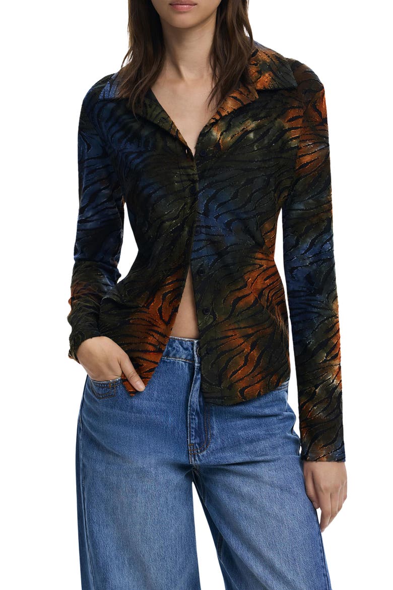 Abstract Stripe Metallic Long Sleeve Button-Up Shirt, Main, color, GREEN