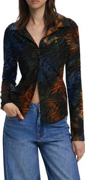 Desigual Abstract Stripe Metallic Long Sleeve Button-Up Shirt