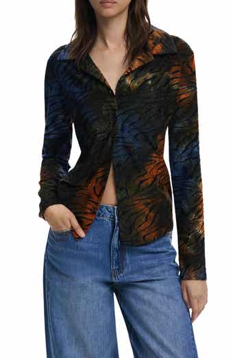 Desigual Abstract Stripe Metallic Long Sleeve Button-Up Shirt