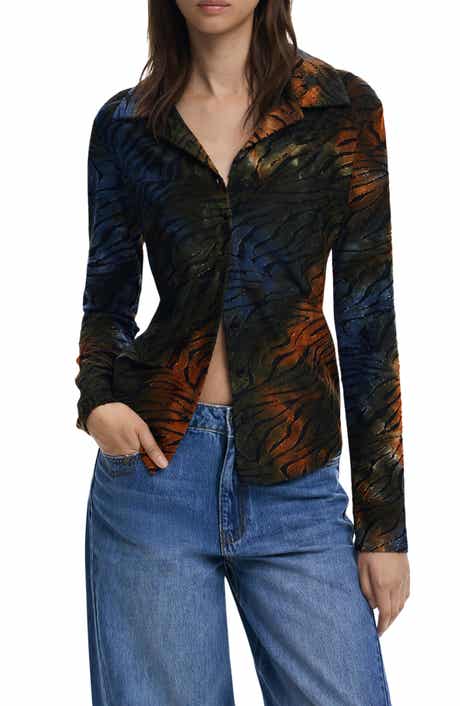 Desigual Abstract Stripe Metallic Long Sleeve Button-Up Shirt
