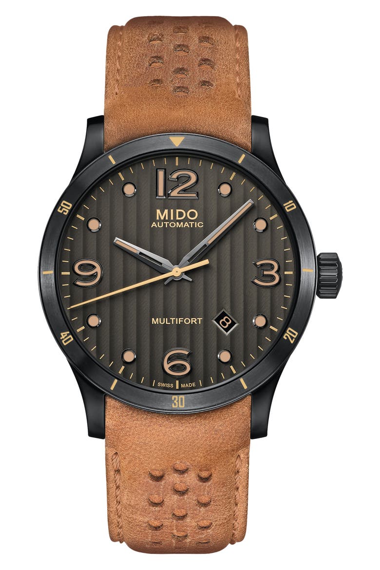 Multifort Automatic Leather Strap Watch, 42mm, Main, color, TAN/ GREY/ GUNMETAL