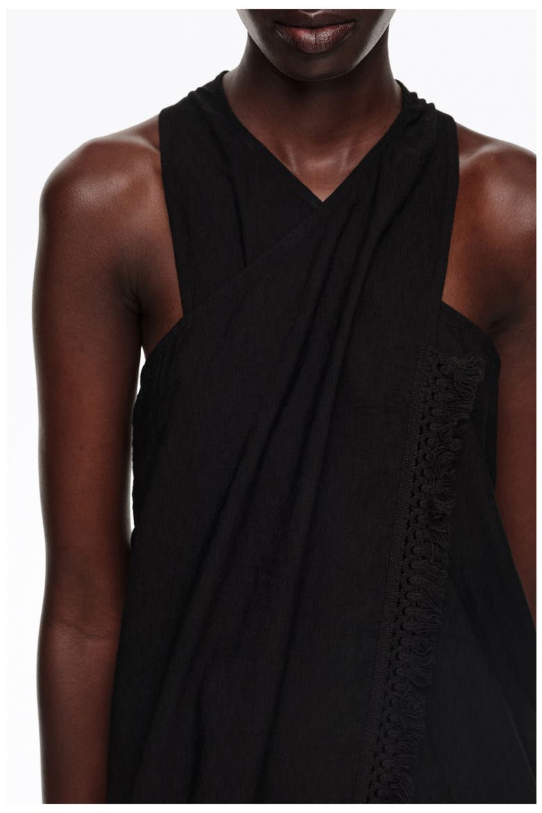 Fringed Wrap Midi Dress, Alternate, color, BLACK