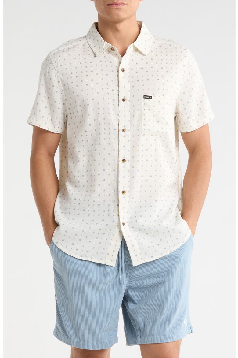 Charter Short Sleeve Slub Button-Up Shirt, Main, color, OFF WHITE MICRO GEO
