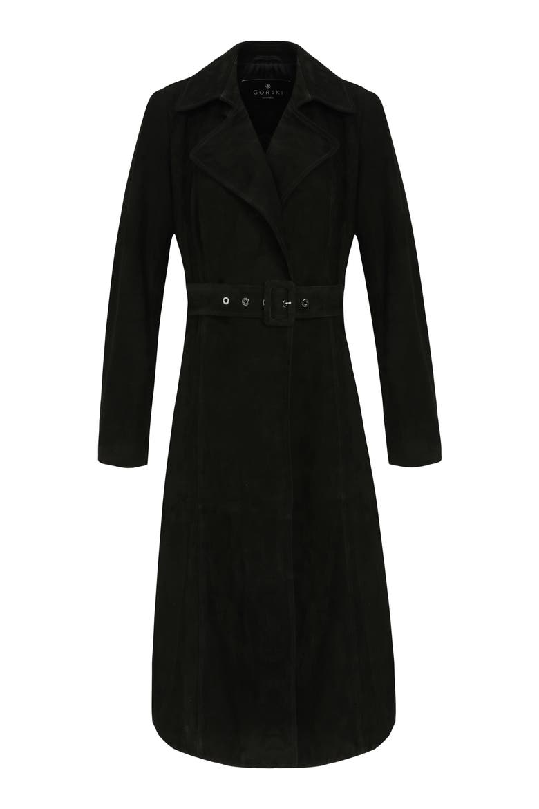 Genuine Metis Suede Belted Trench Coat, Alternate, color, BLACK