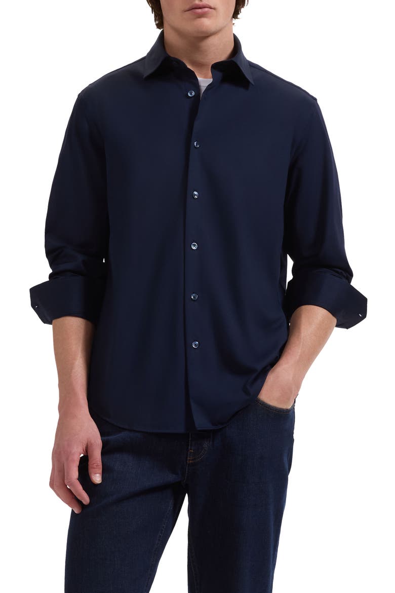 OoohCotton® Solid Button-Up Shirt, Main, color, NAVY