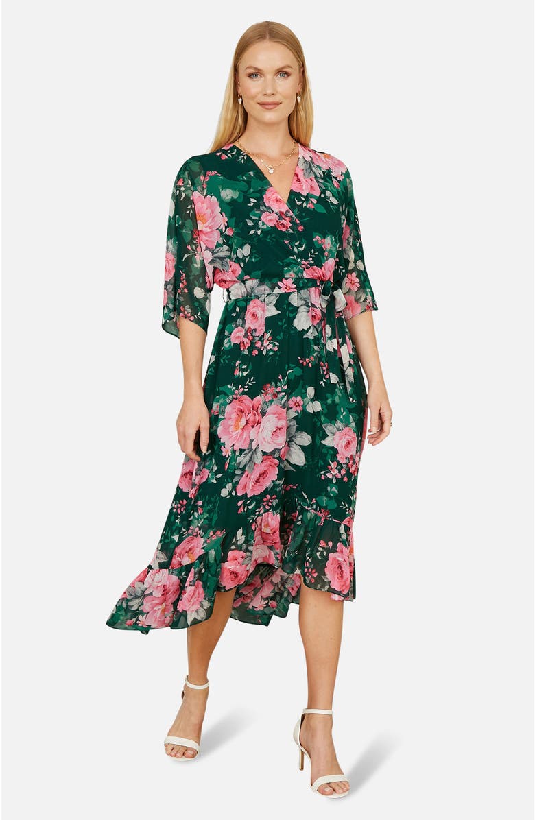Yumi Midi Dip Hem Wrap Midi Dress, Main, color, Green