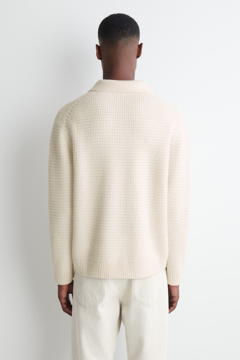 Waffle-Knit Wool Polo Sweater, Alternate, color, CREAM
