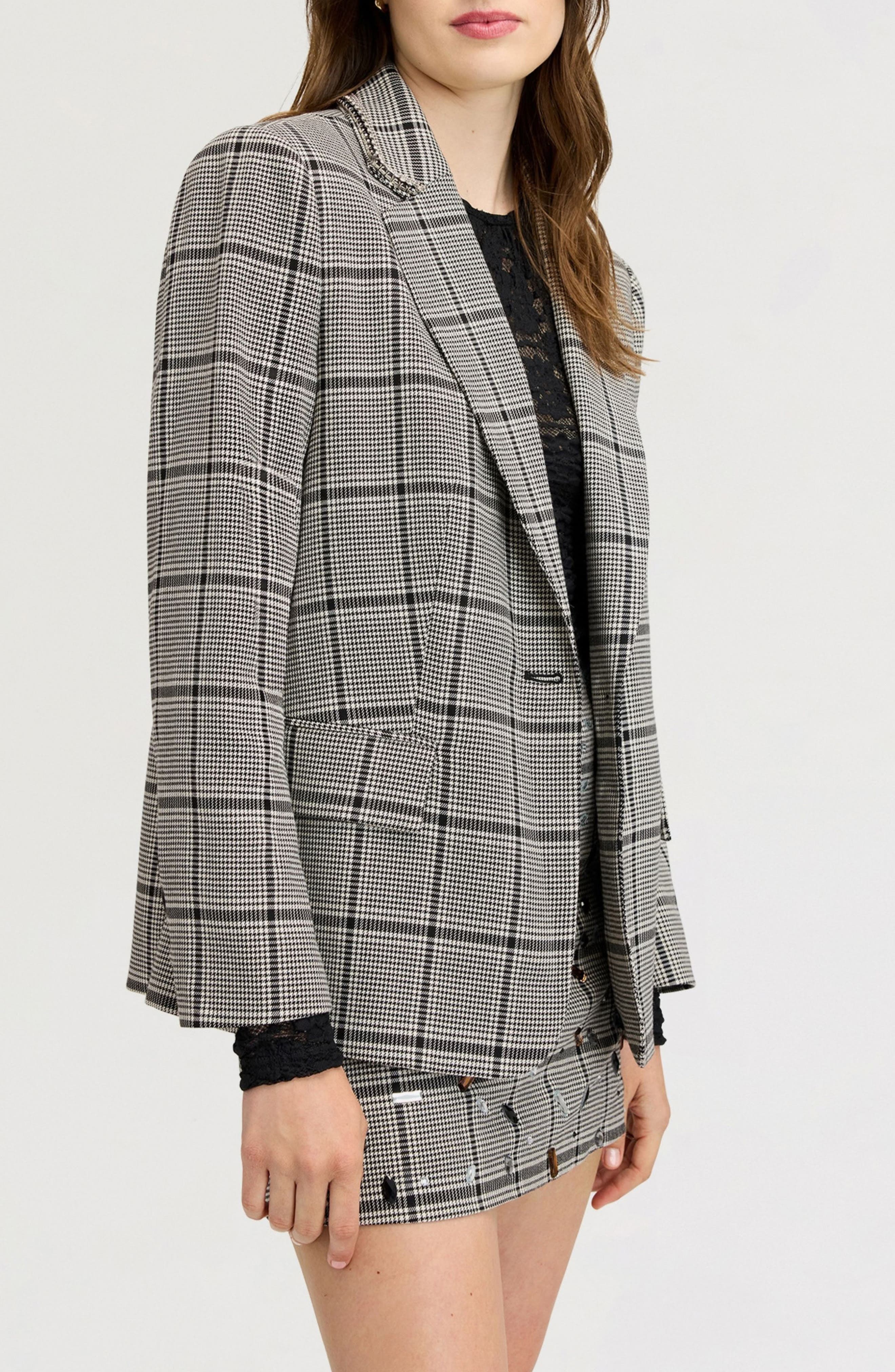 Sam Edelman Rhinestone Trim Oversized Plaid Blazer (Women) | Nordstrom