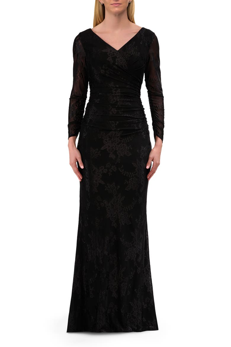 Chic Stretch Lace Evening Dress with Ruching and V Neckline, Main, color, Black