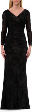 La Femme Chic Stretch Lace Evening Dress with Ruching and V Neckline