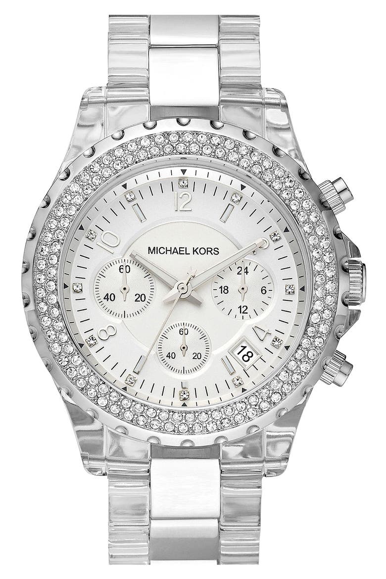 Michael Kors 'Madison' Clear Resin & Crystal Watch, Main, color, SILVER/ CLEAR