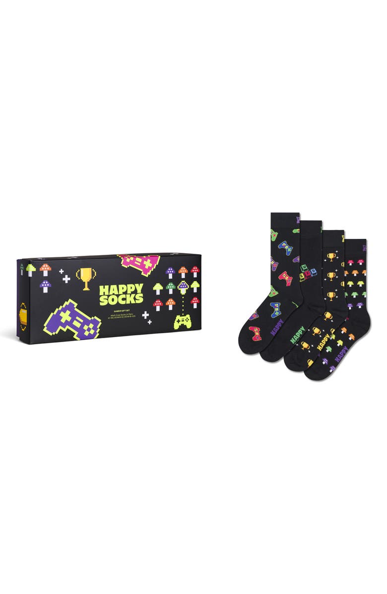 Happy Socks Assorted 4-Pack Gamer Cotton Blend Socks Gift Box, Main, color, Black