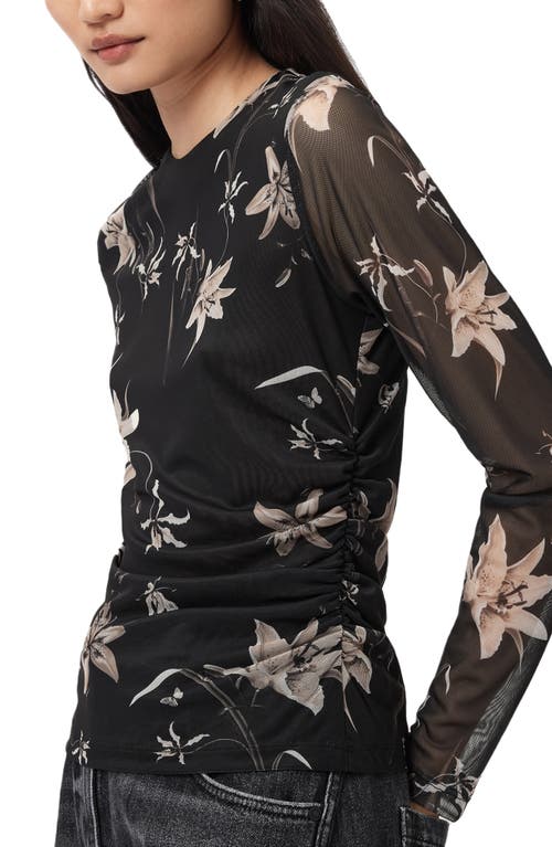 Allsaints Womens Petra Sepia Br Caia Floral-print Stretch-mesh Top In Black