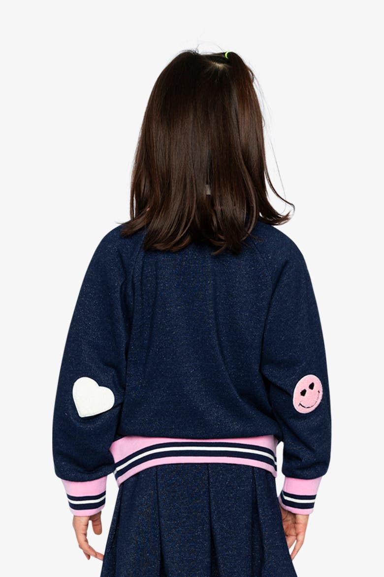 French Terry Appliqué Patch Full Zip Bomber Jacket, Alternate, color, Navy Blue Denim
